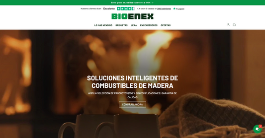 Página de inicio de BIOENEX que muestra un fuego acogedor de fondo, el menú de navegación y un botón de "Comprar ahora" sobre el texto "Soluciones inteligentes de combustibles de madera".